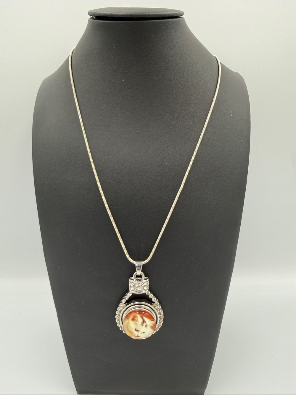 Silver Tone Kitten Portrait Pendant Necklace with Rhinestone Accents